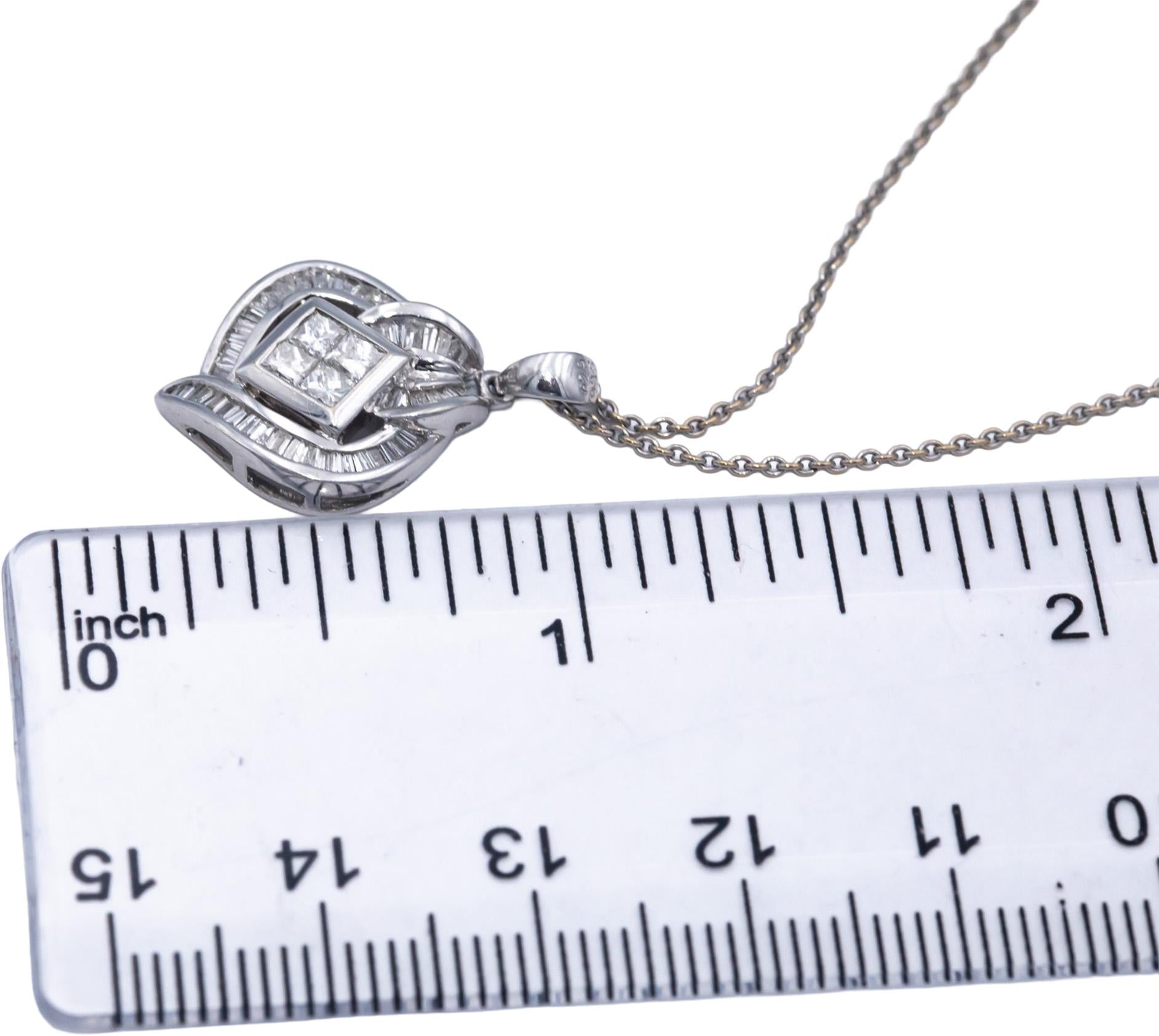 18k White Gold 0.64CT VS Princess & Baguette Cut Diamond Pendant Necklace