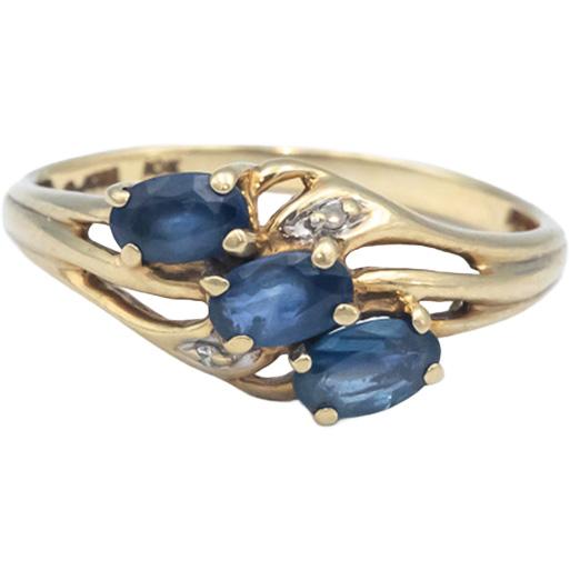 10k Yellow Gold Oval Cut Blue Sapphire Ring w/ Diamond Accents 0.40CT Size 6.75