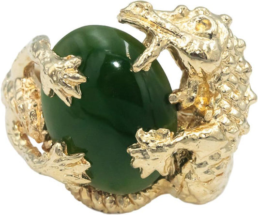 14k Yellow Gold Cabochon 15.5 x 11.7mm Jadeite Dragon Cocktail Ring Size 6