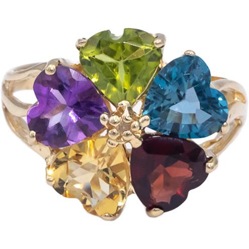14k Yellow Gold Heart Cut Rainbow Gemstone Flower Ring w/ Diamond Accent 4.0CT