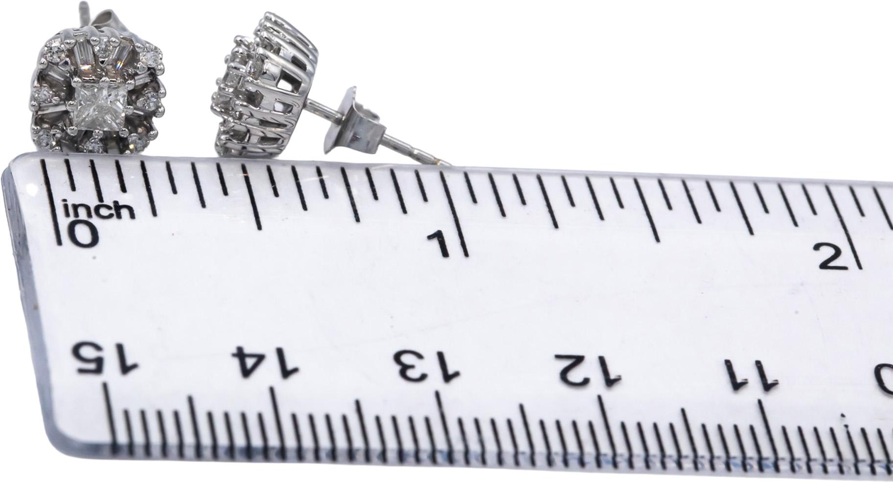 10k White Gold Round Baguette Princess Cut Diamond Cluster Stud Earrings 0.75CT