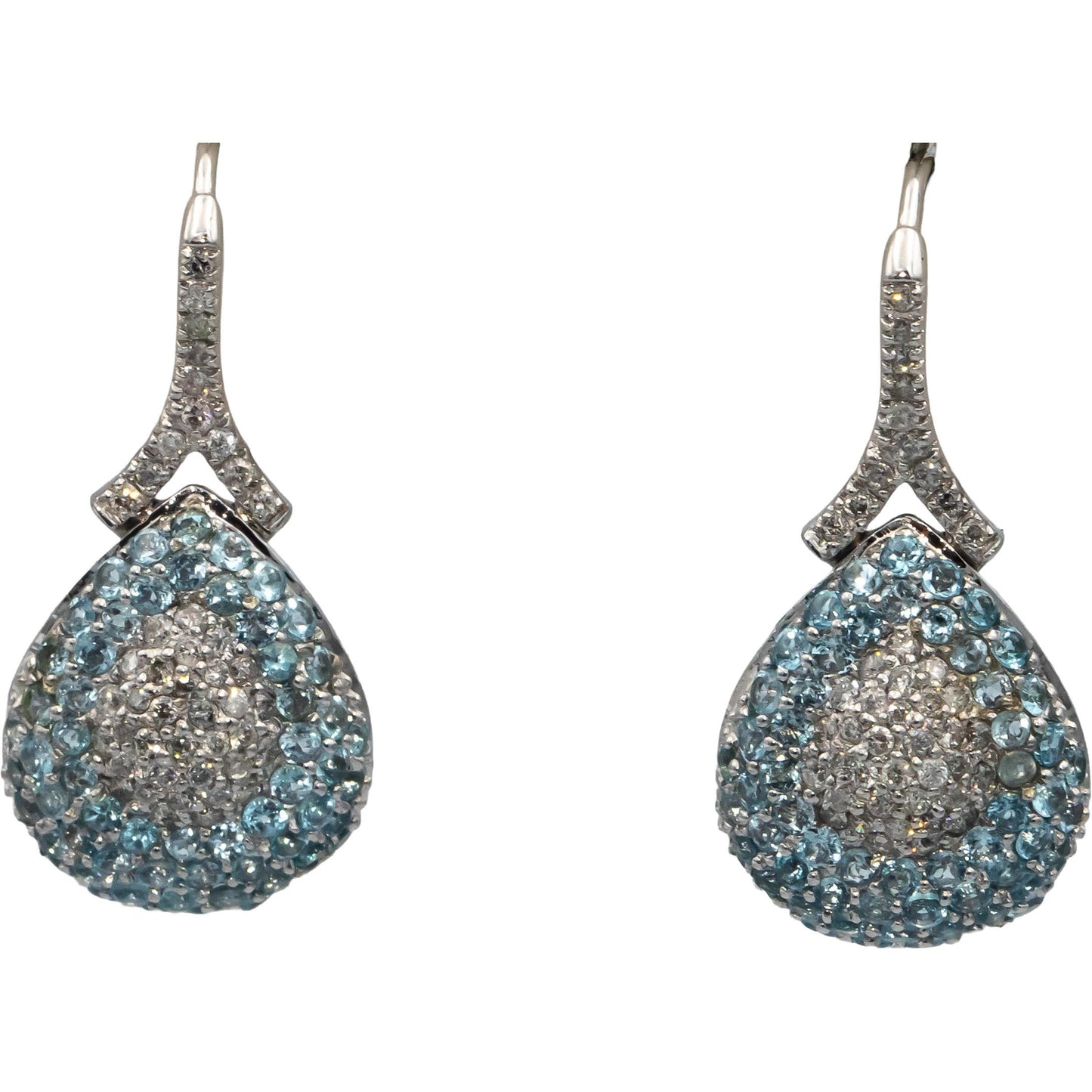 14k White Gold Round Blue Topaz & Diamond Cluster Drop Dangle Earrings 1.50CT
