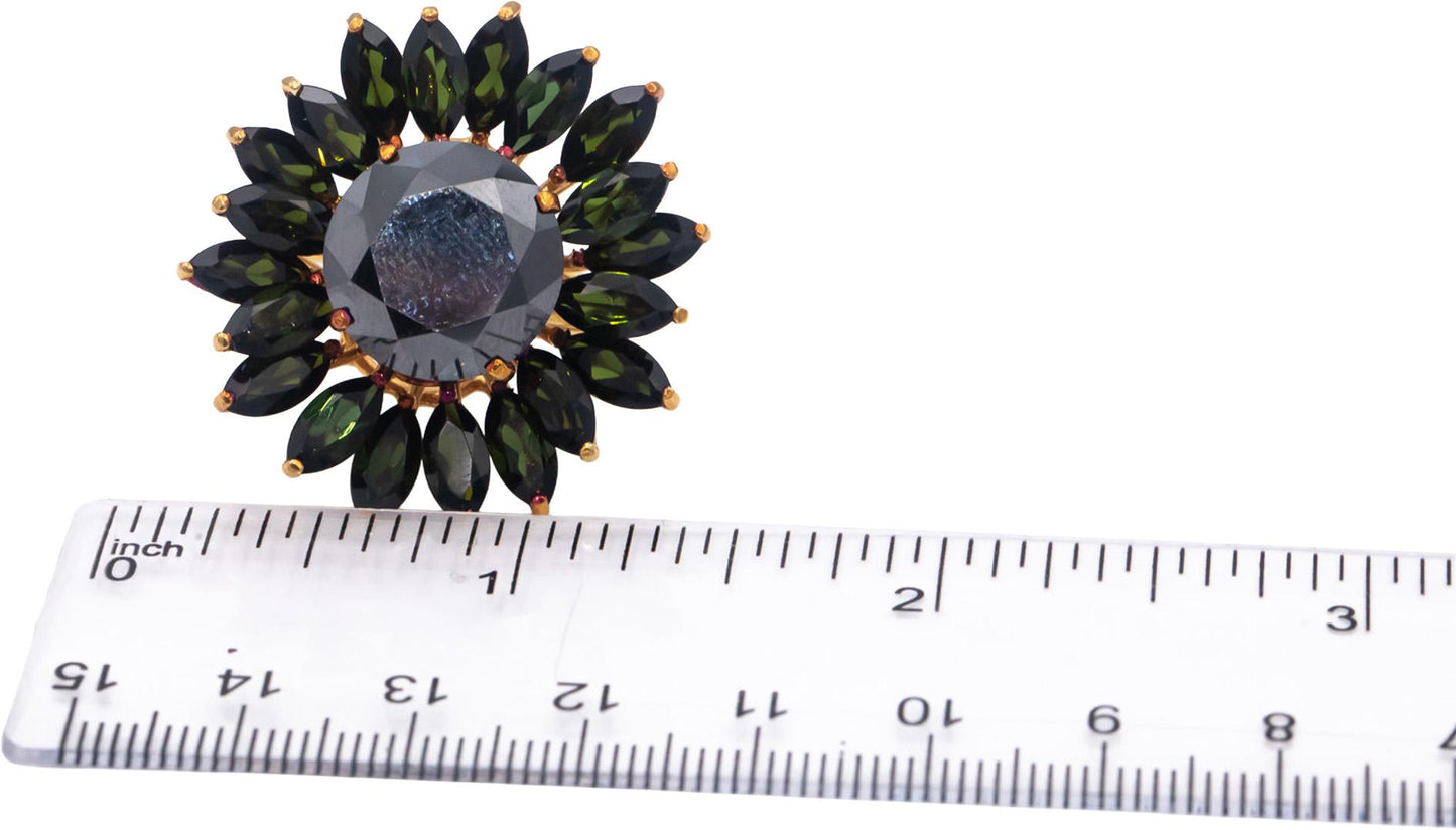 18k Yellow Gold Black Diamond & Green Tourmaline Flower Ring 21.0CTW Size 9