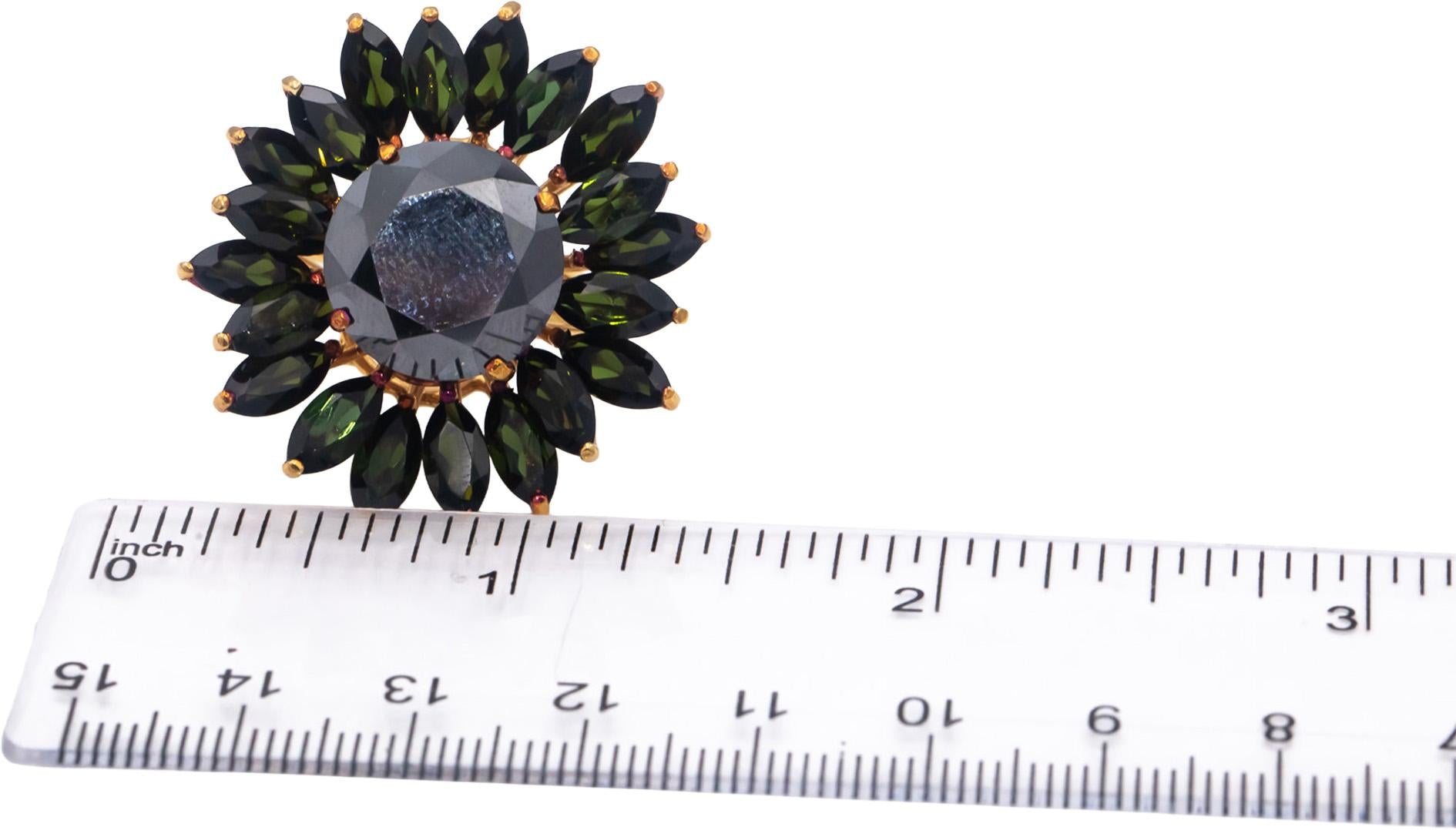 18k Yellow Gold Black Diamond & Green Tourmaline Flower Ring 21.0CTW Size 9