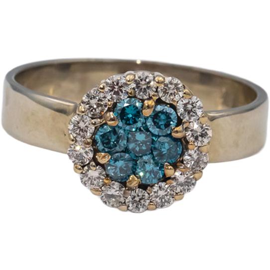 14k White Gold Round White and Blue Diamond Cluster Halo Ring 0.75CT Size 9.25