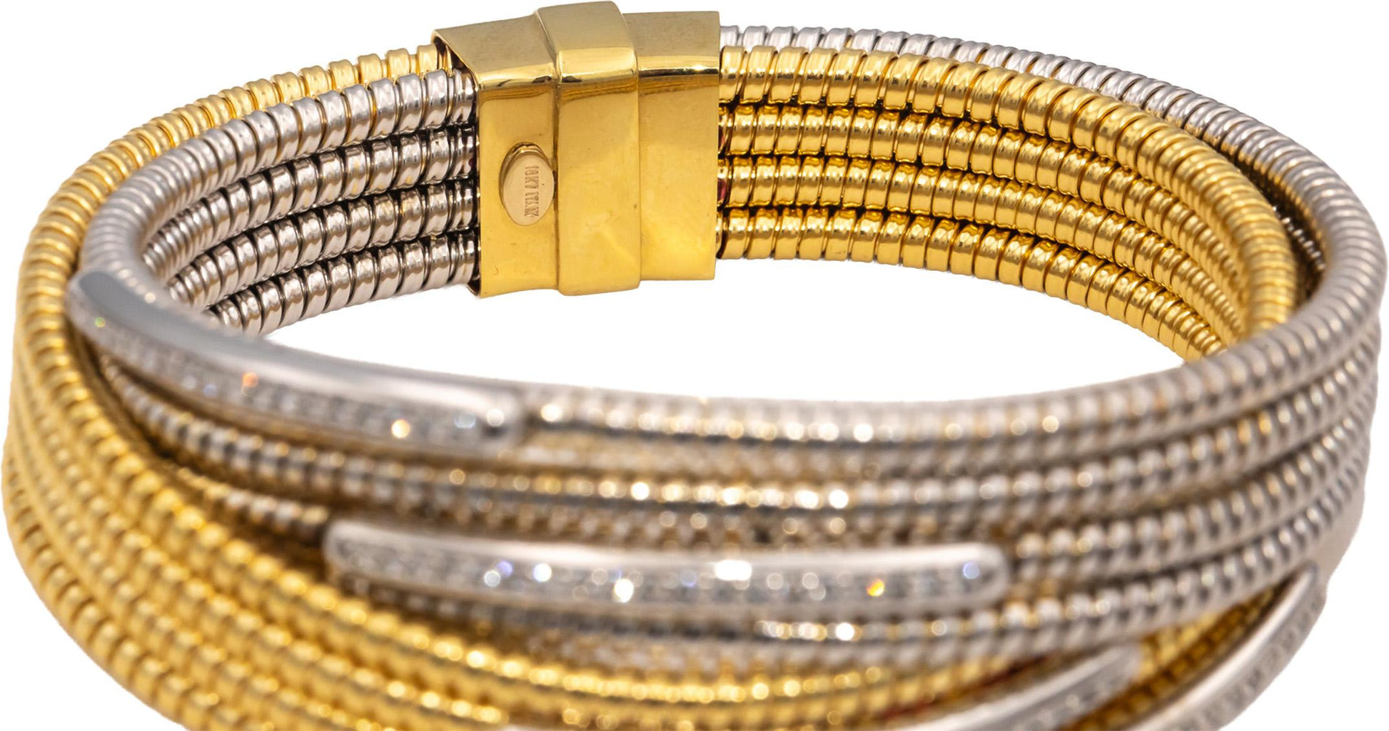 18k Yellow & White Gold Round Diamond Eight Row Flexible Bangle Bracelet 1.0CTW