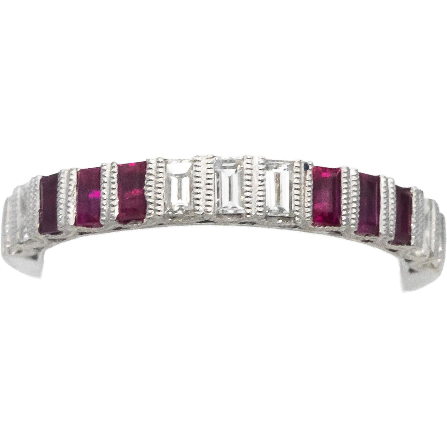 18k White Gold Emerald Cut Ruby and Diamond Band Ring Size 0.75CT Size 6.5