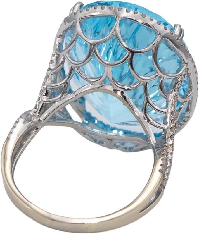 14k White Gold Oval Fantast Cut Blue Topaz & Diamond Cocktail Ring 32.30CT Sz 8