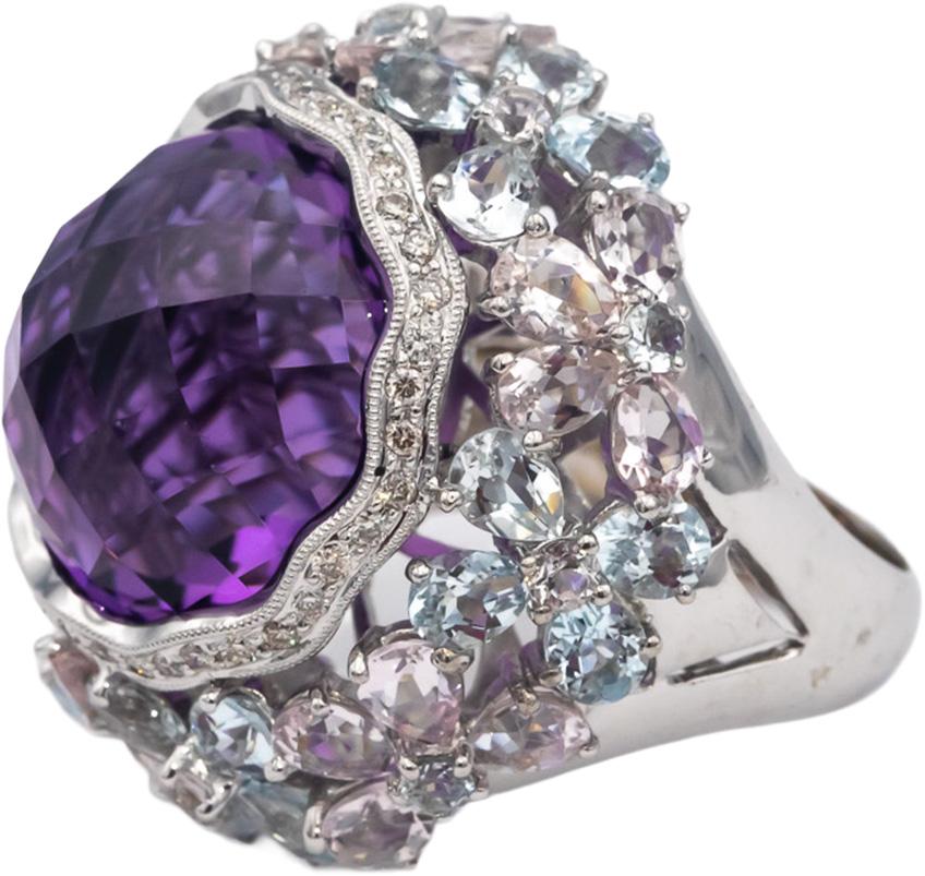 18k White Gold Amethyst Aquamarine Diamond Jumbo Cocktail Ring 33.90CT Size 8.5