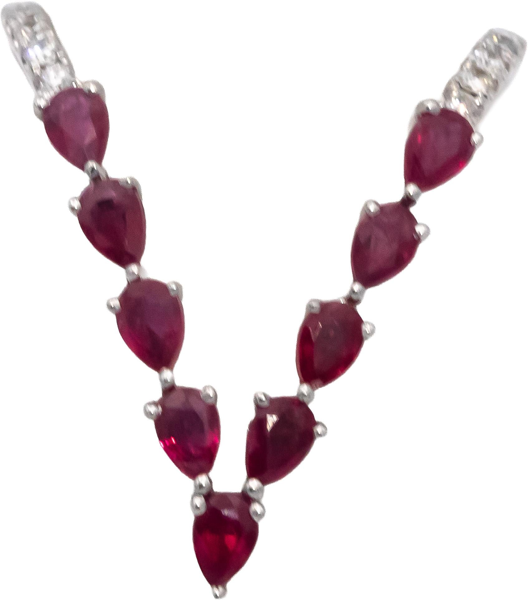 18k White Gold Pear Ruby Round Diamond V-Shaped Ring 1.10CT Size 7.5