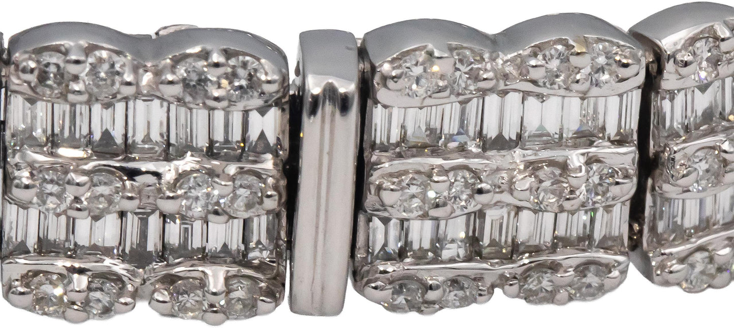 18k White Gold VS Round & Baguette Cut Diamond Fancy Link Bracelet 9.99CTW
