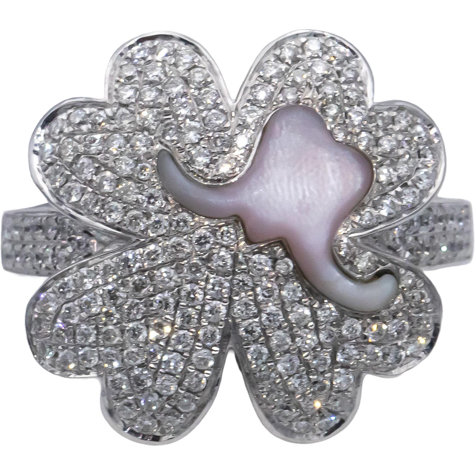 18k White Gold Round Diamond & Mother of Pearl Clover Ring 0.75CT Size 7