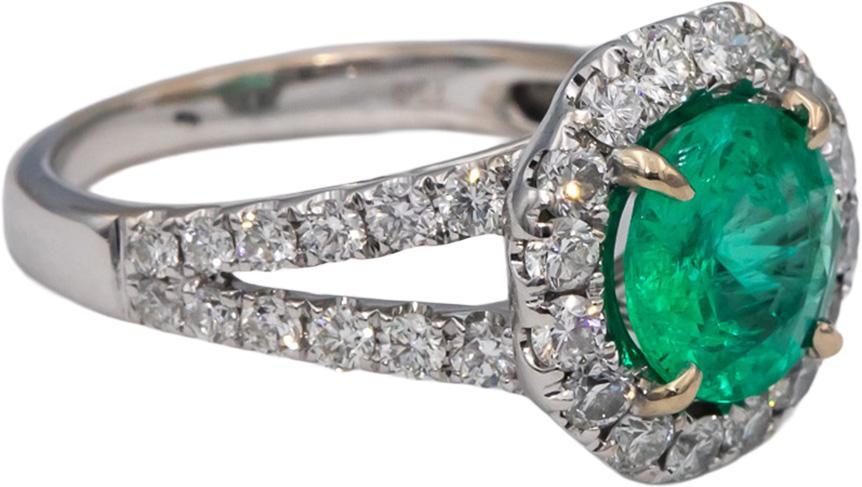 ODELIA 18k White Gold Round Diamond & Emerald Halo Cocktail Ring 2.56CTW Size 6