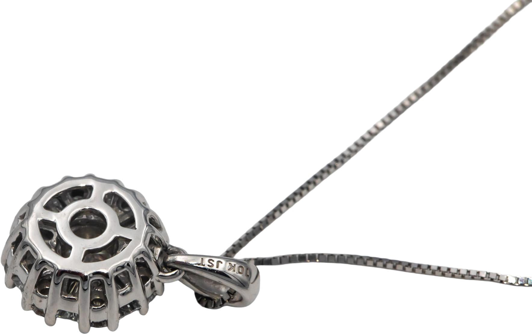10k White Gold Round & Baguette Cut Diamond Cluster Pendant Necklace 0.75CT