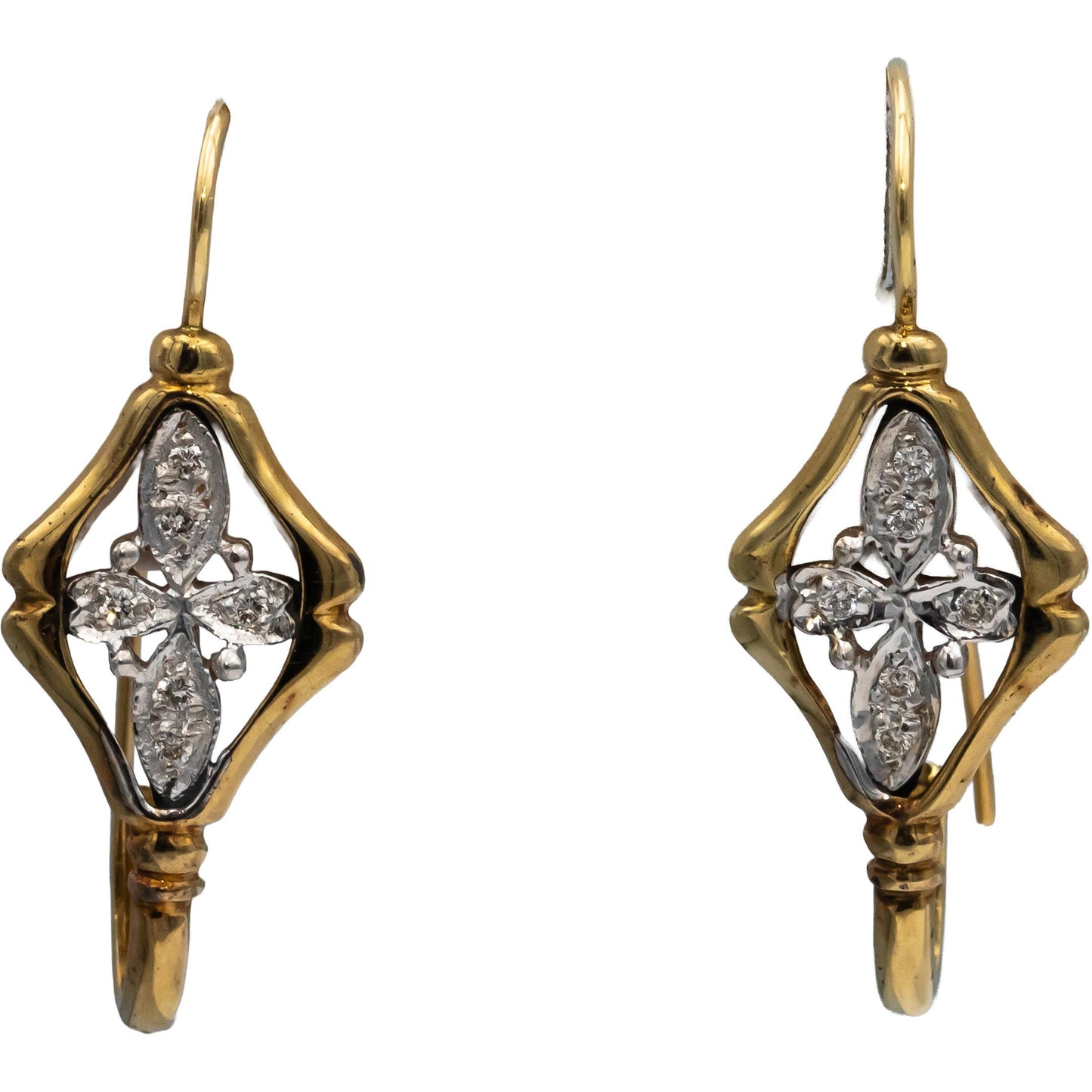 Vintage Antique 14k Yellow & White Gold Round Diamond Dangle Earrings 0.15CT