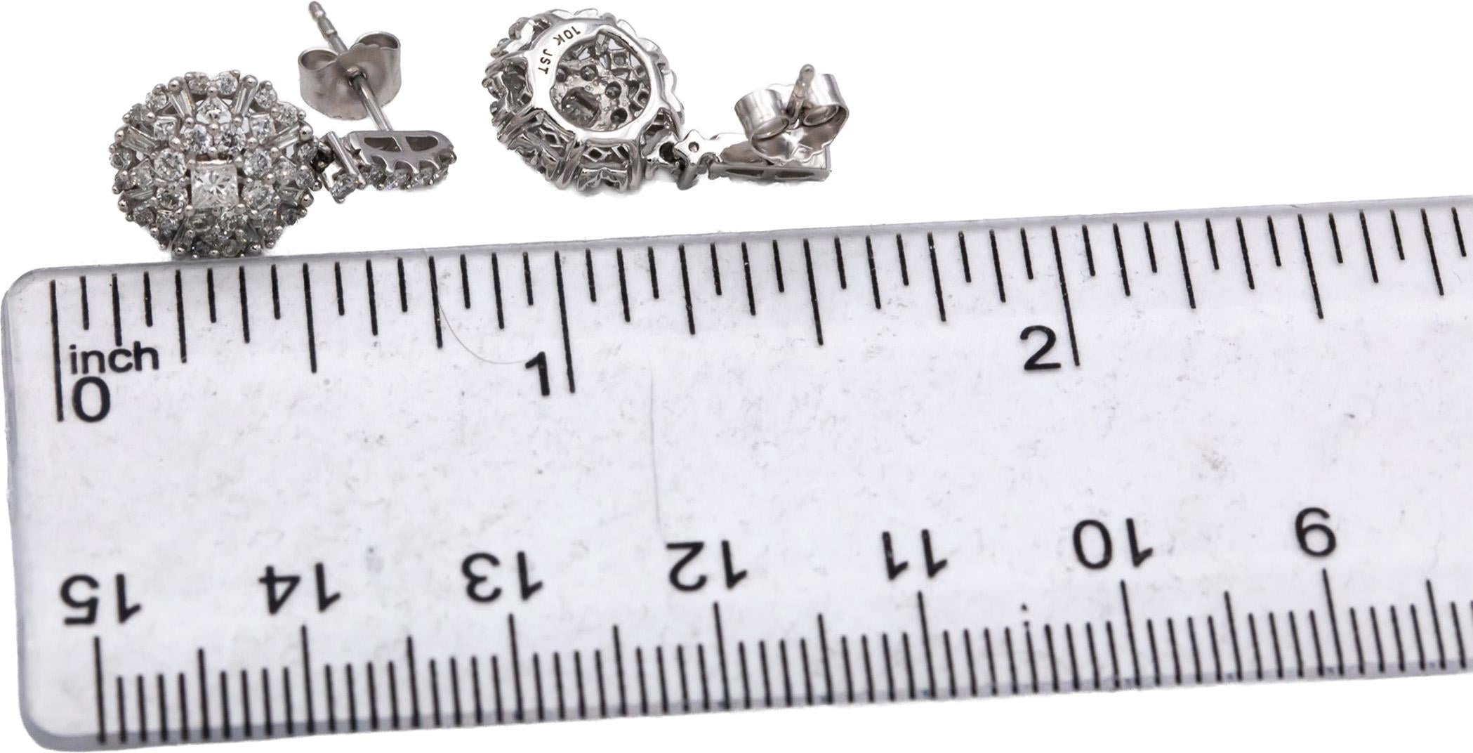 10k White Gold Princess & Round Diamond Cluster Drop Dangle Stud Earrings 1.0CT