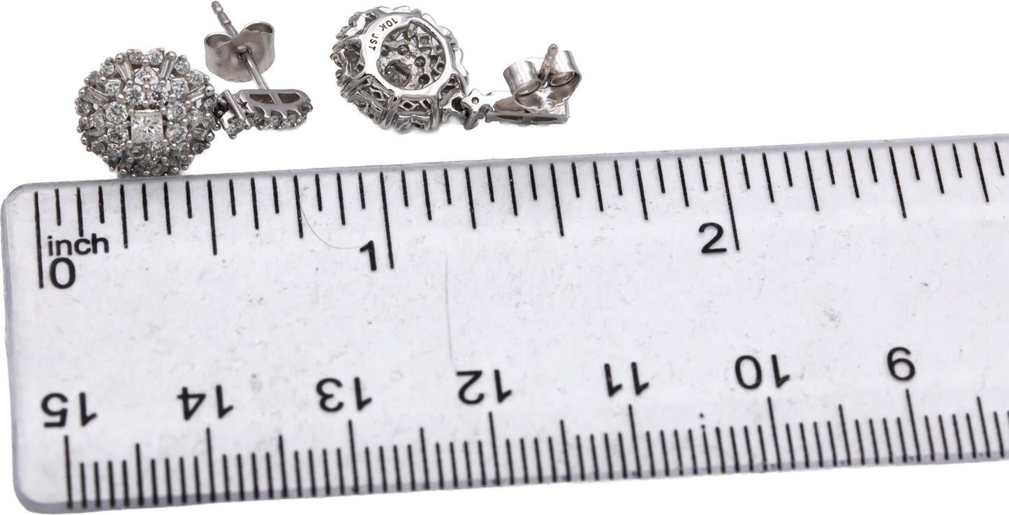 10k White Gold Princess & Round Diamond Cluster Drop Dangle Stud Earrings 1.0CT