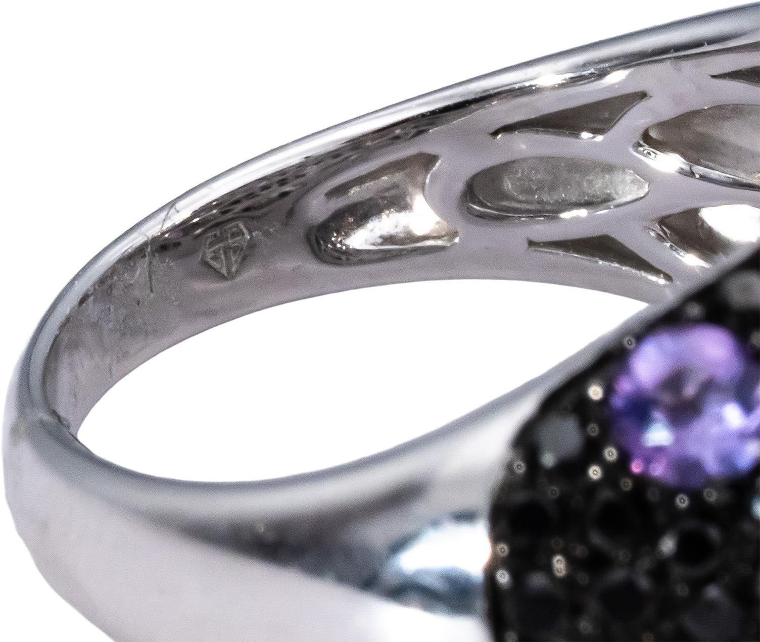 14k White Gold Round Black & White Diamond Amethyst Cluster Ring 1.0CTW Size 6.5