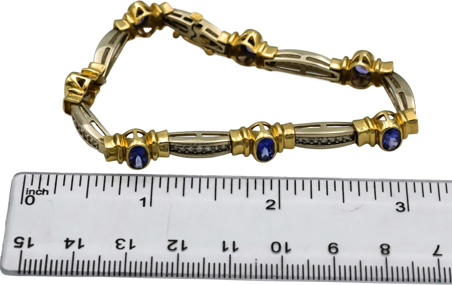 14k Yellow & White Gold Diamond and Tanzanite Fancy Link Bracelet 8.50CTW