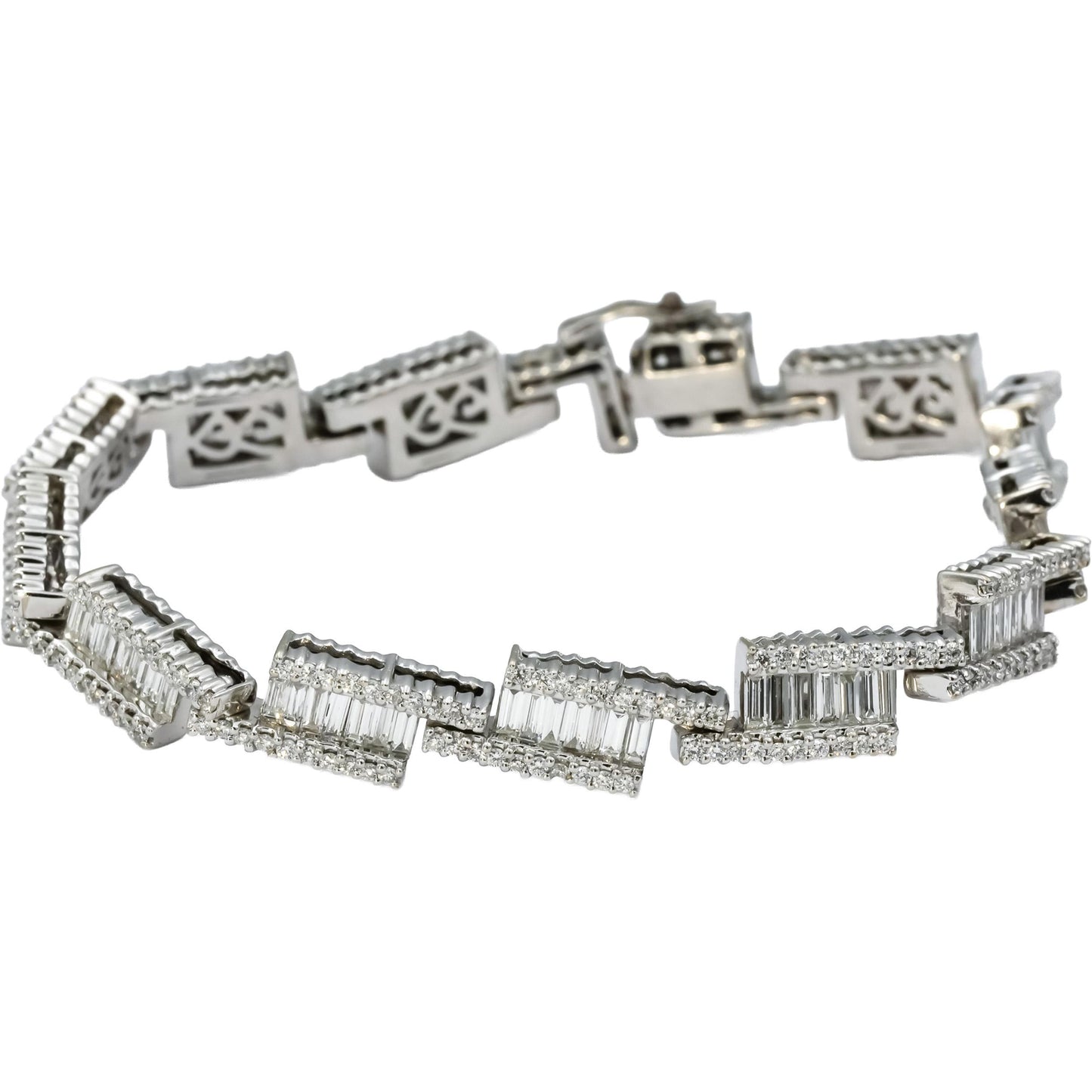 14k White Gold VS Round and Emerald Cut Diamond Fancy Link Bracelet 6.50CT