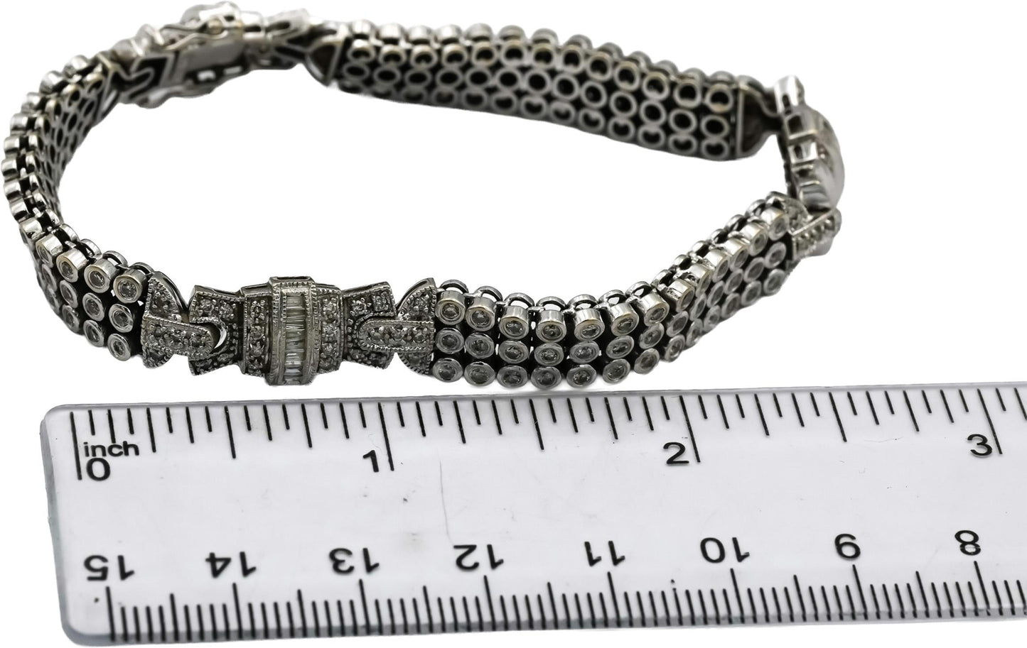 14k White Gold Round and Baguette Cut Diamond Fancy Link Bracelet 3.35CT