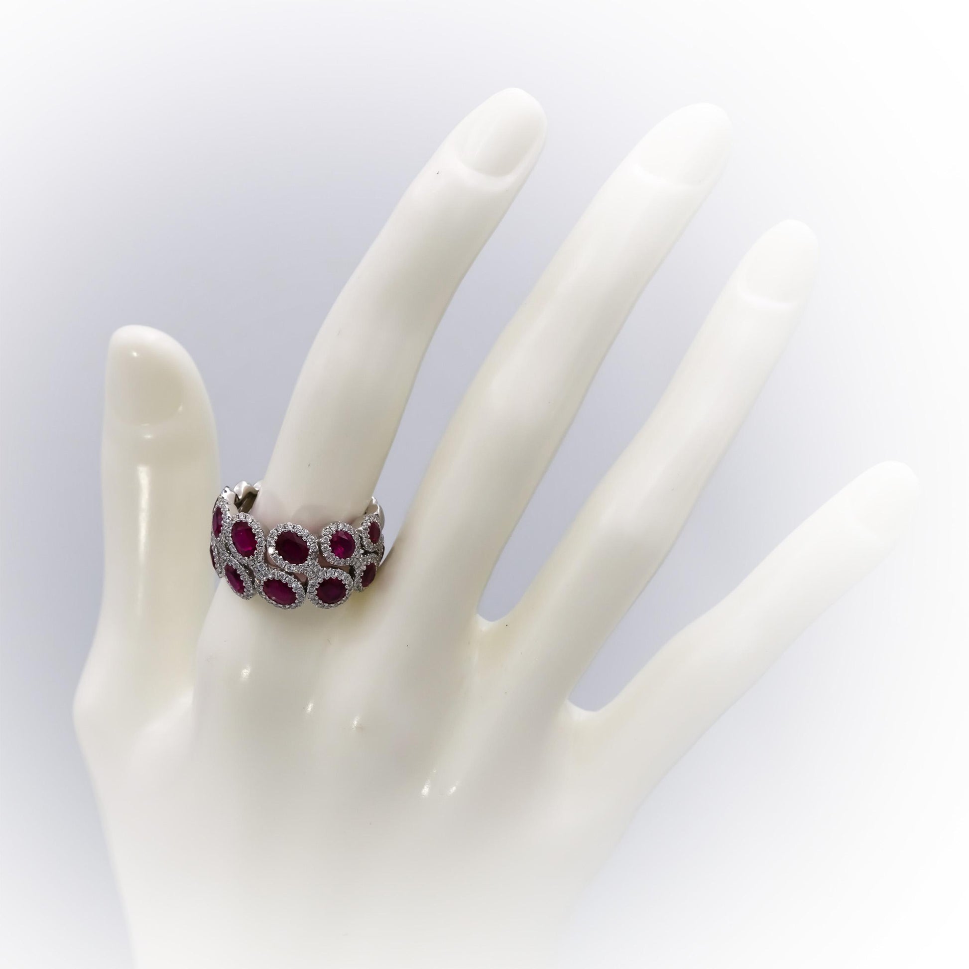 14k White Gold Round Diamond Oval Ruby Band Ring 4.71CT Size 7.5