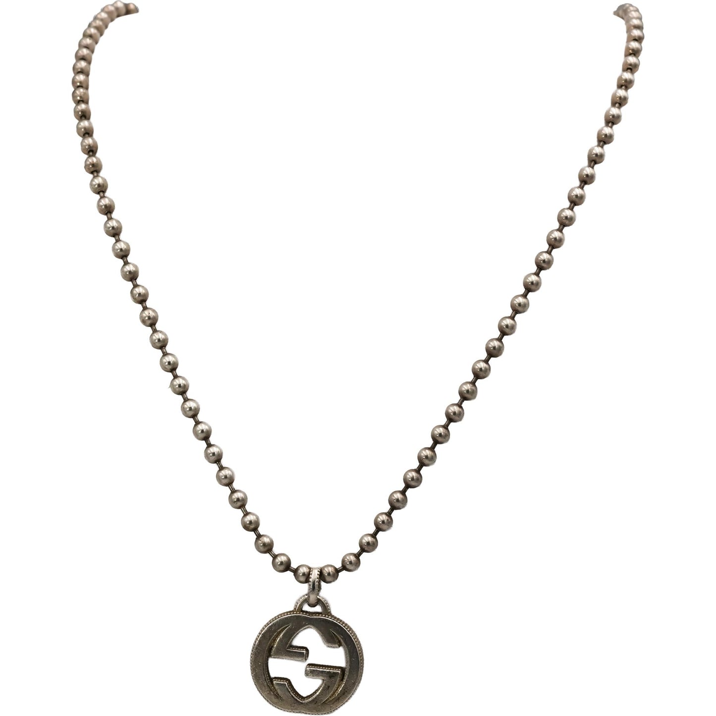 GUCCI Sterling Silver Interlocking G Pendant Beaded Necklace w/ Box