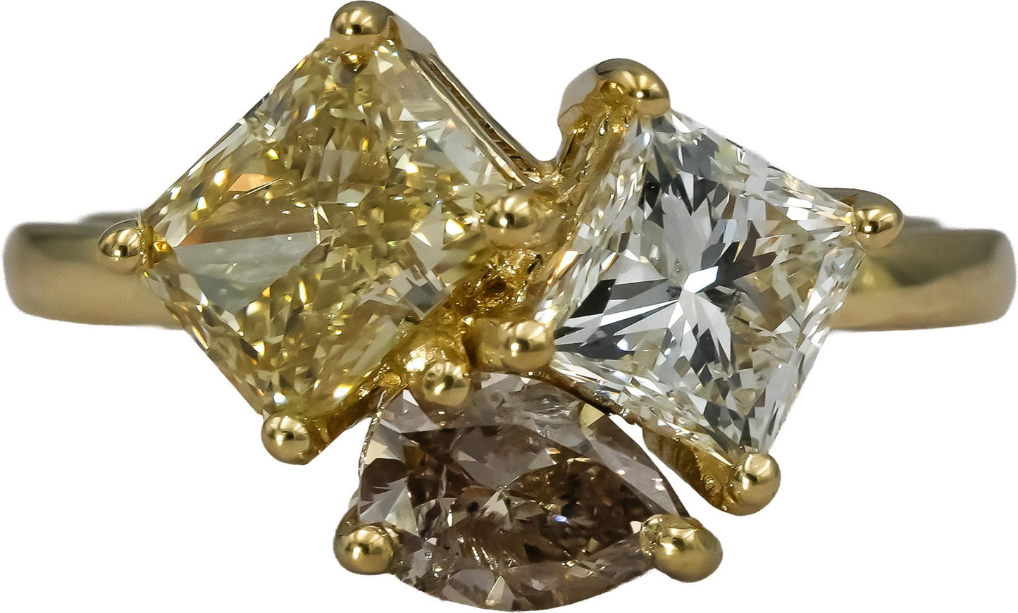 14k Yellow Gold Mixed Cut White & Yellow Diamond Three Stone Ring 2.19CT Size 6