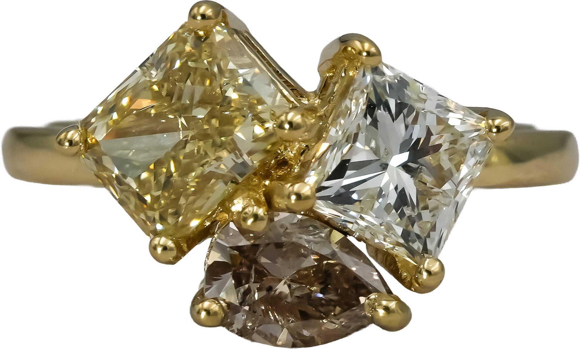 14k Yellow Gold Mixed Cut White & Yellow Diamond Three Stone Ring 2.19CT Size 6