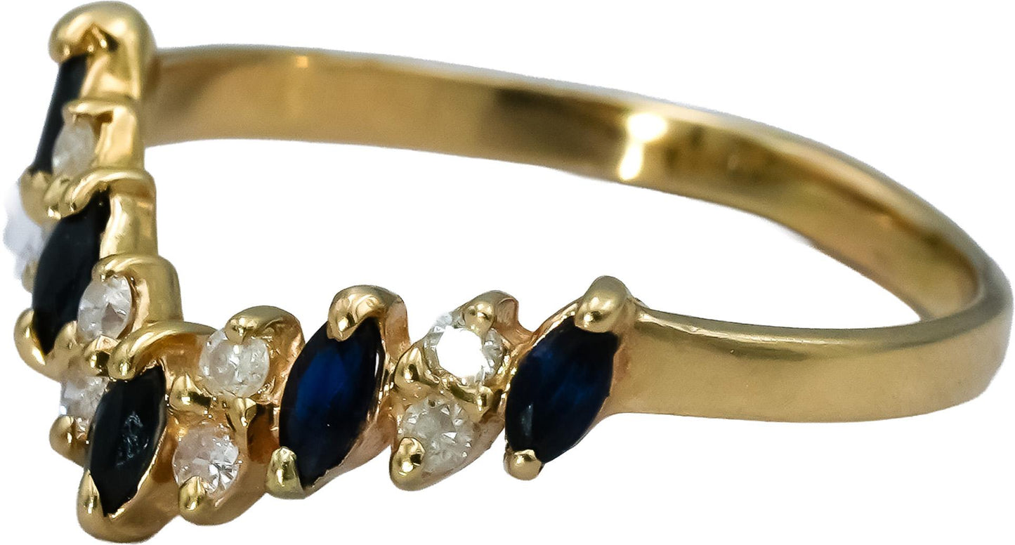 14k Yellow Gold Round Diamond and Marquise Sapphire Band Ring 0.40CT Size 8.25
