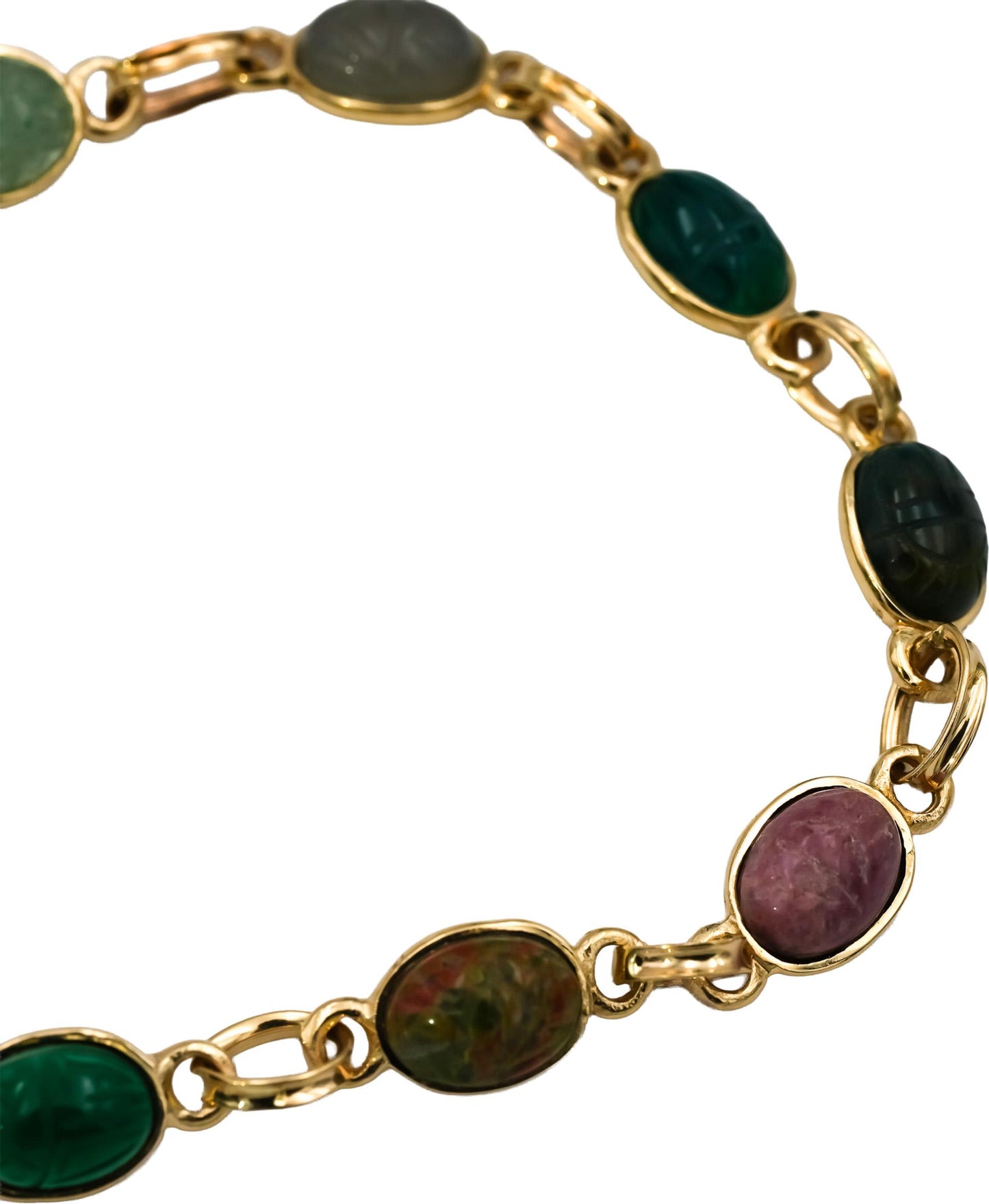 14k Yellow Gold Carved Scarab Multi Color Gemstone Bracelet
