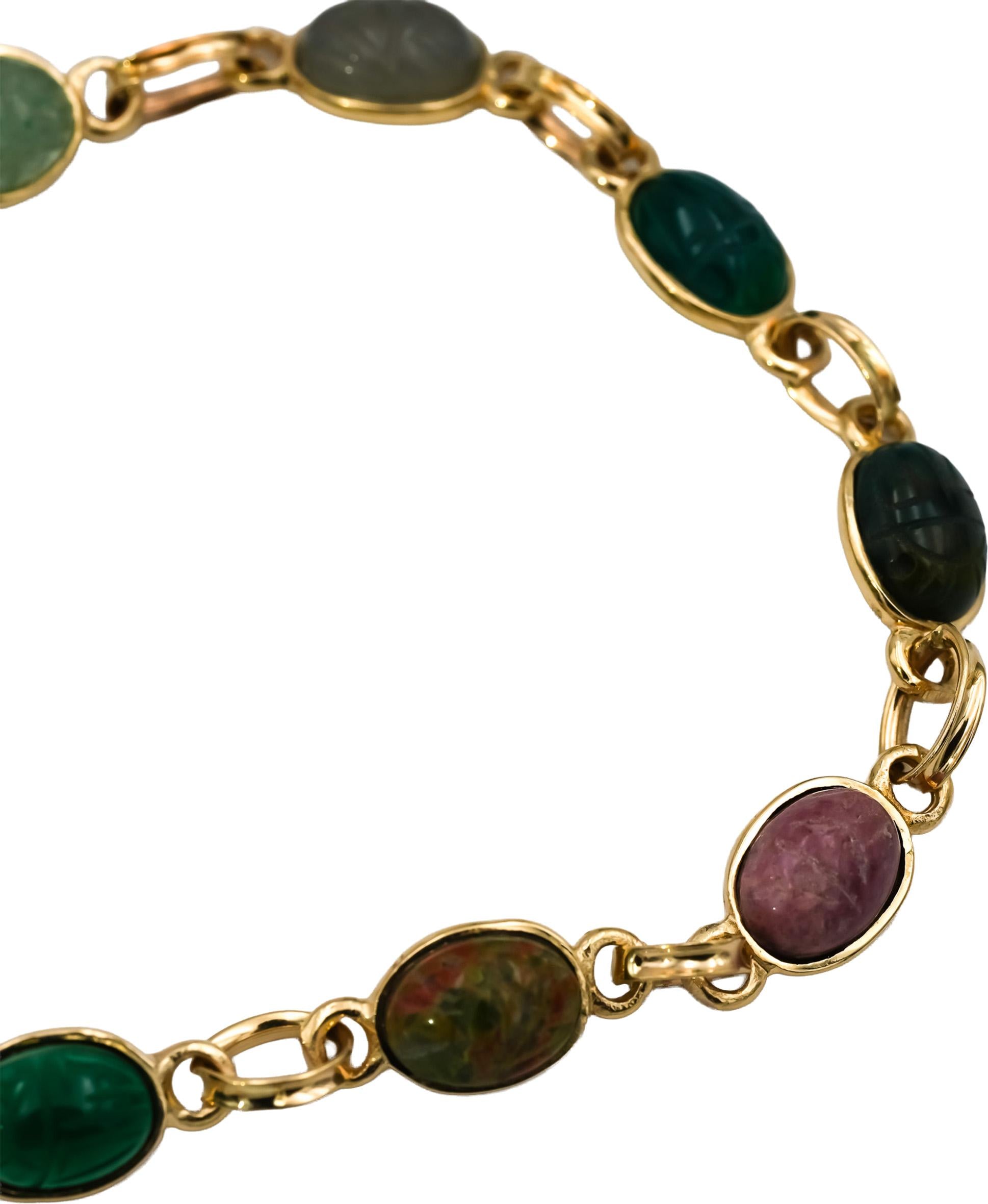 14k Yellow Gold Carved Scarab Multi Color Gemstone Bracelet