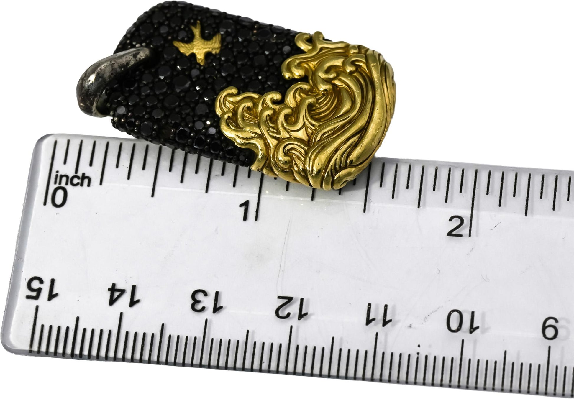 DAVID YURMAN Sterling Silver 18k Gold Black Diamond Waves Tag Pendant 2.74CT