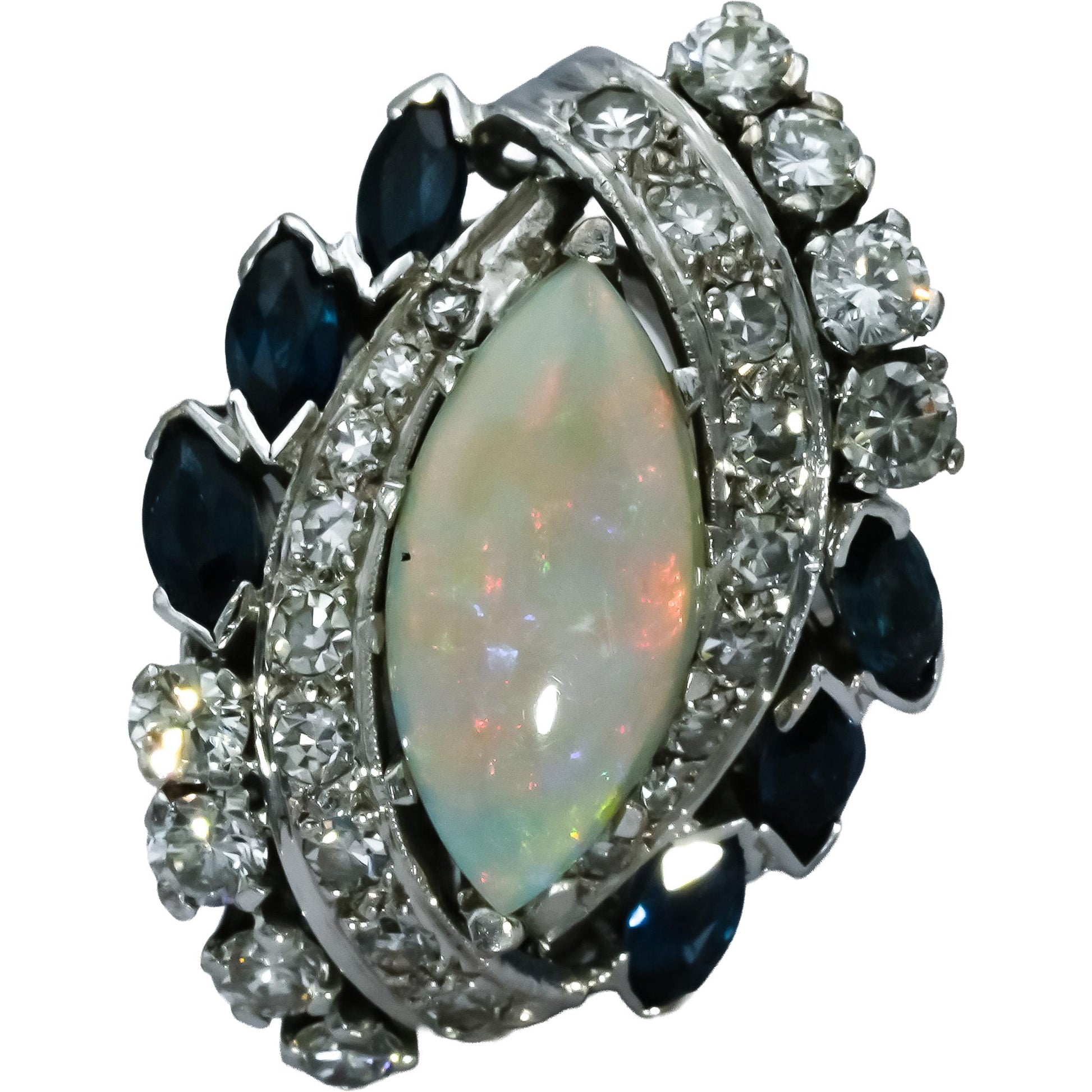 Antique Vintage 14k White Gold Diamond Opal Sapphire Ring 3.35CT Size 5.75