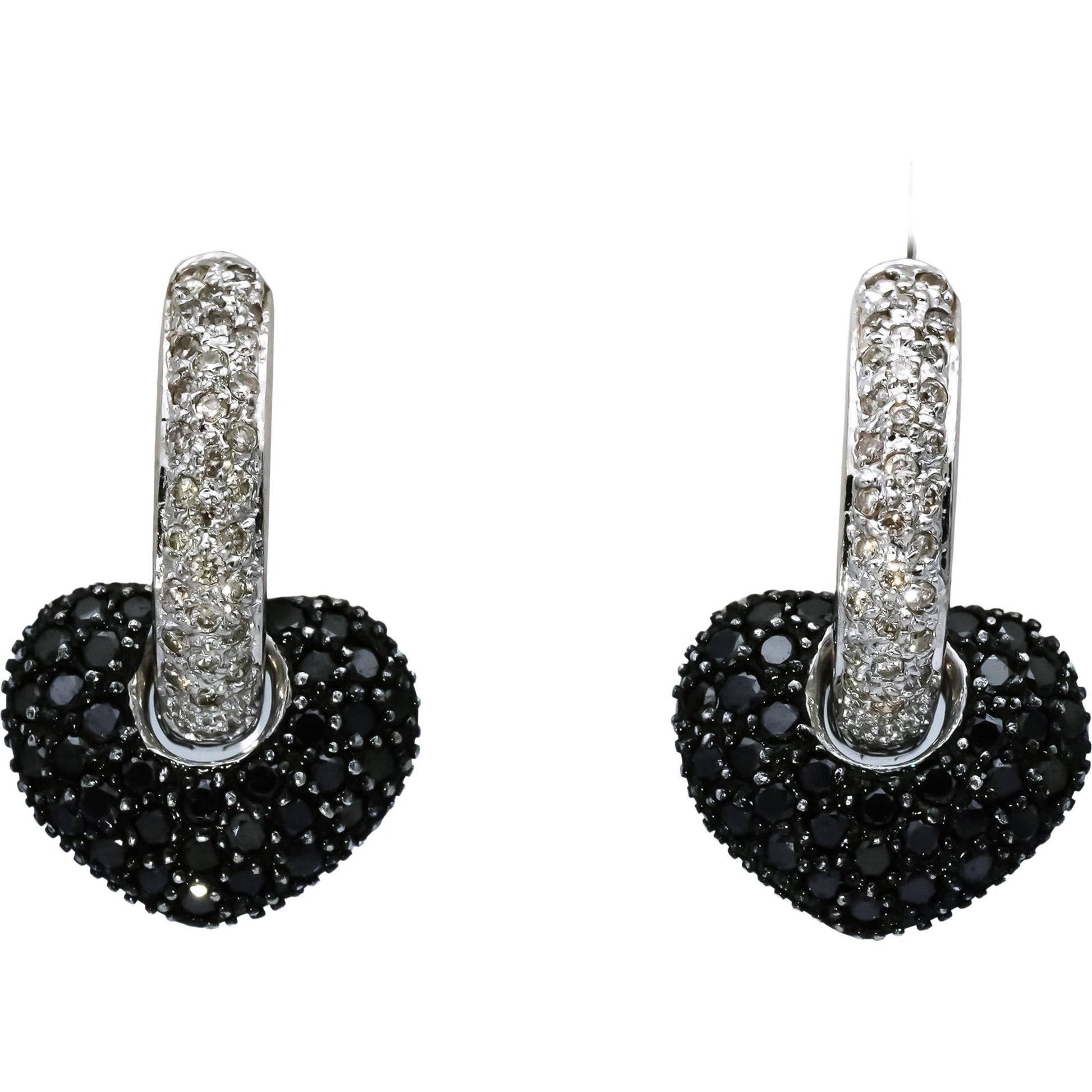 14k White Gold White and Black Diamond Heart Cluster Dangle Earrings 1.0CT