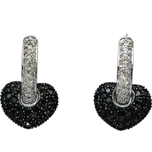 14k White Gold White and Black Diamond Heart Cluster Dangle Earrings 1.0CT