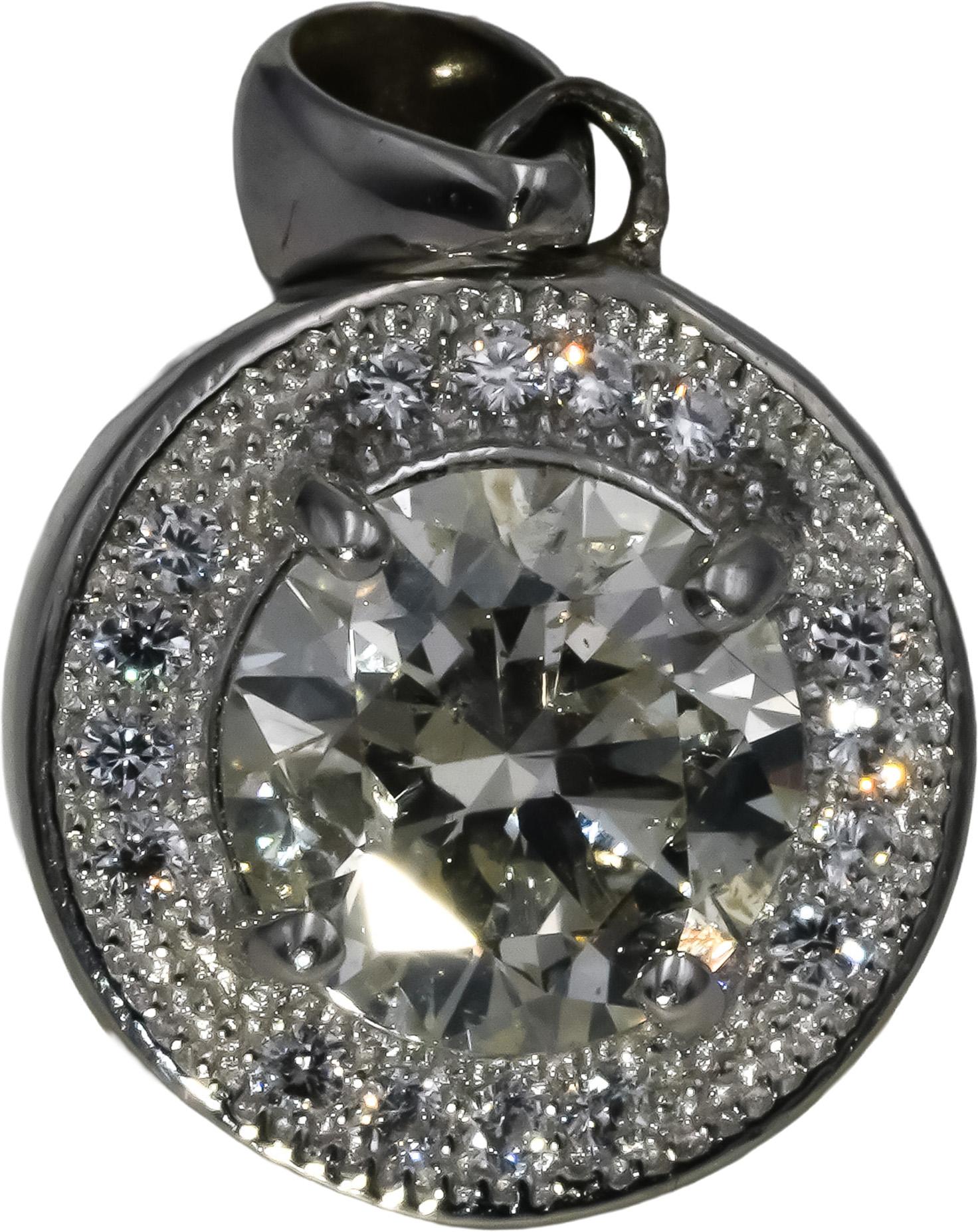 14k White Gold Round Diamond Pendant 1.78CT w/ 1.53CT Center