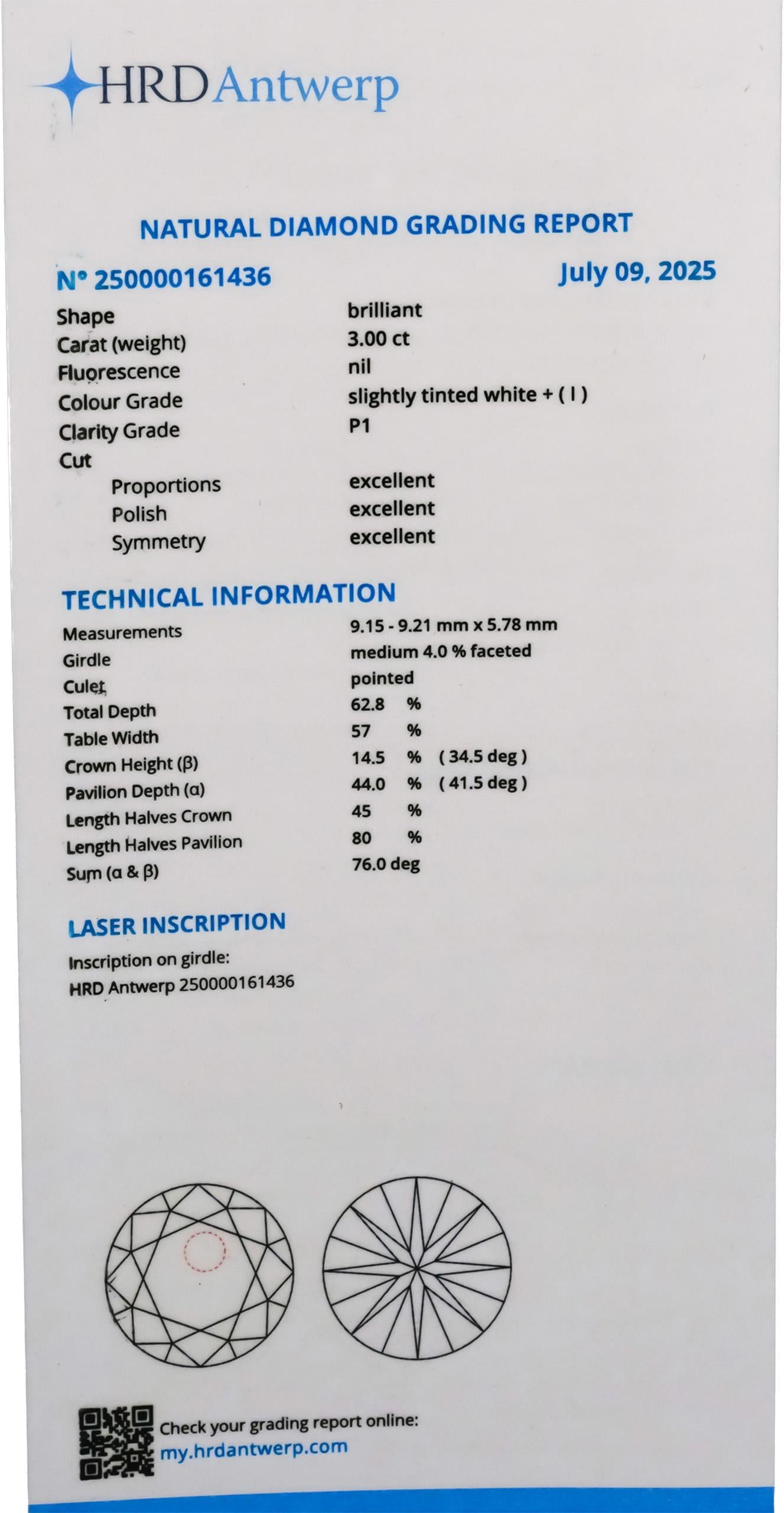 HRD Certified I1/I Round Cut Natural Diamond Loose Stone 3.0CT