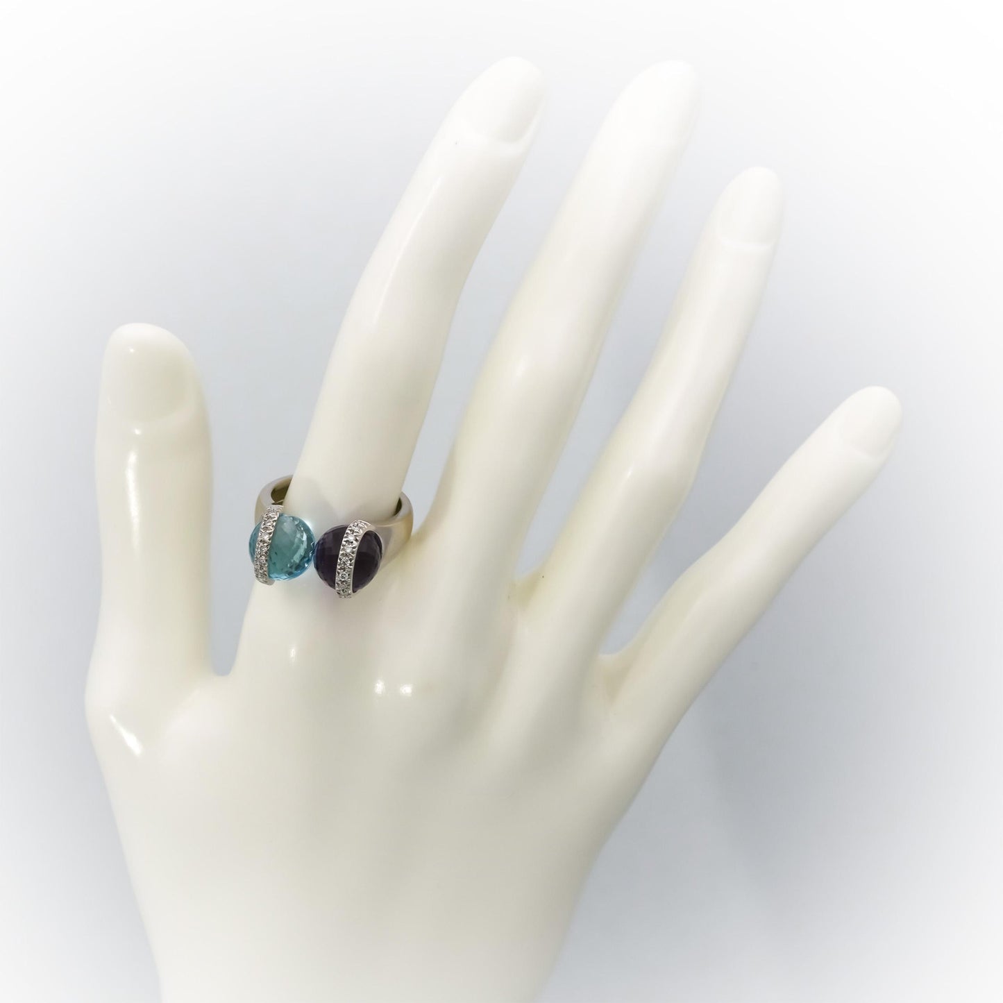 BIBIGI 18k White Gold Diamond Amethyst Blue Topaz Bypass Ring 0.25CT Size 6.25