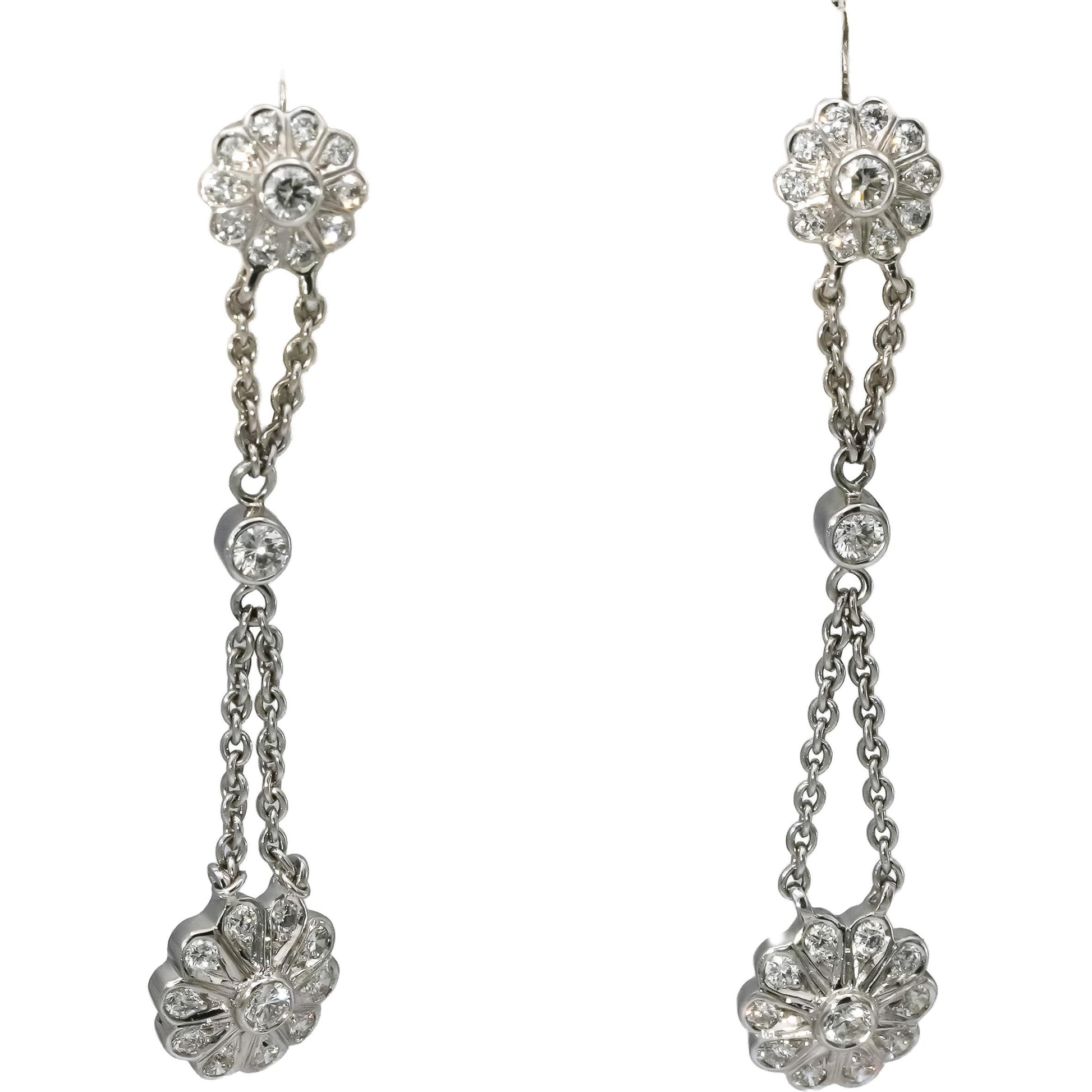18k White Gold VS Round Diamond Flower Drop Dangle Earrings 0.95CT