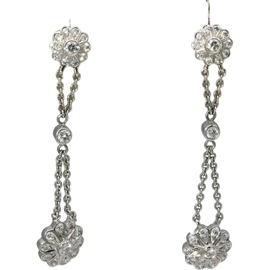 18k White Gold VS Round Diamond Flower Drop Dangle Earrings 0.95CT
