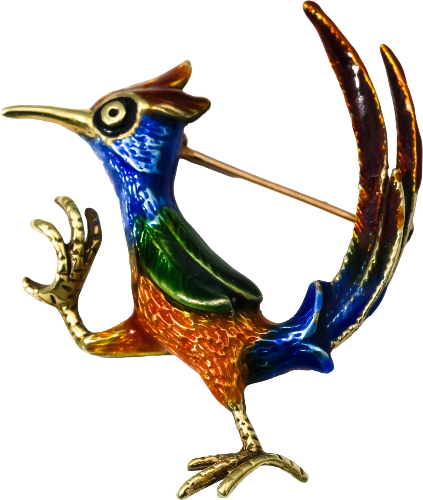 14k Yellow Gold Colorful Enamel Road Runner Brooch
