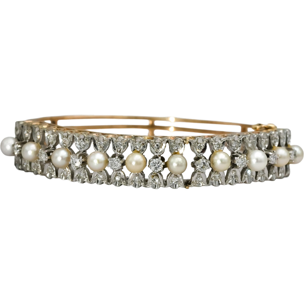 Vintage Antique 14k Yellow Gold Diamond and Pearl Bangle Bracelet 1.50CT
