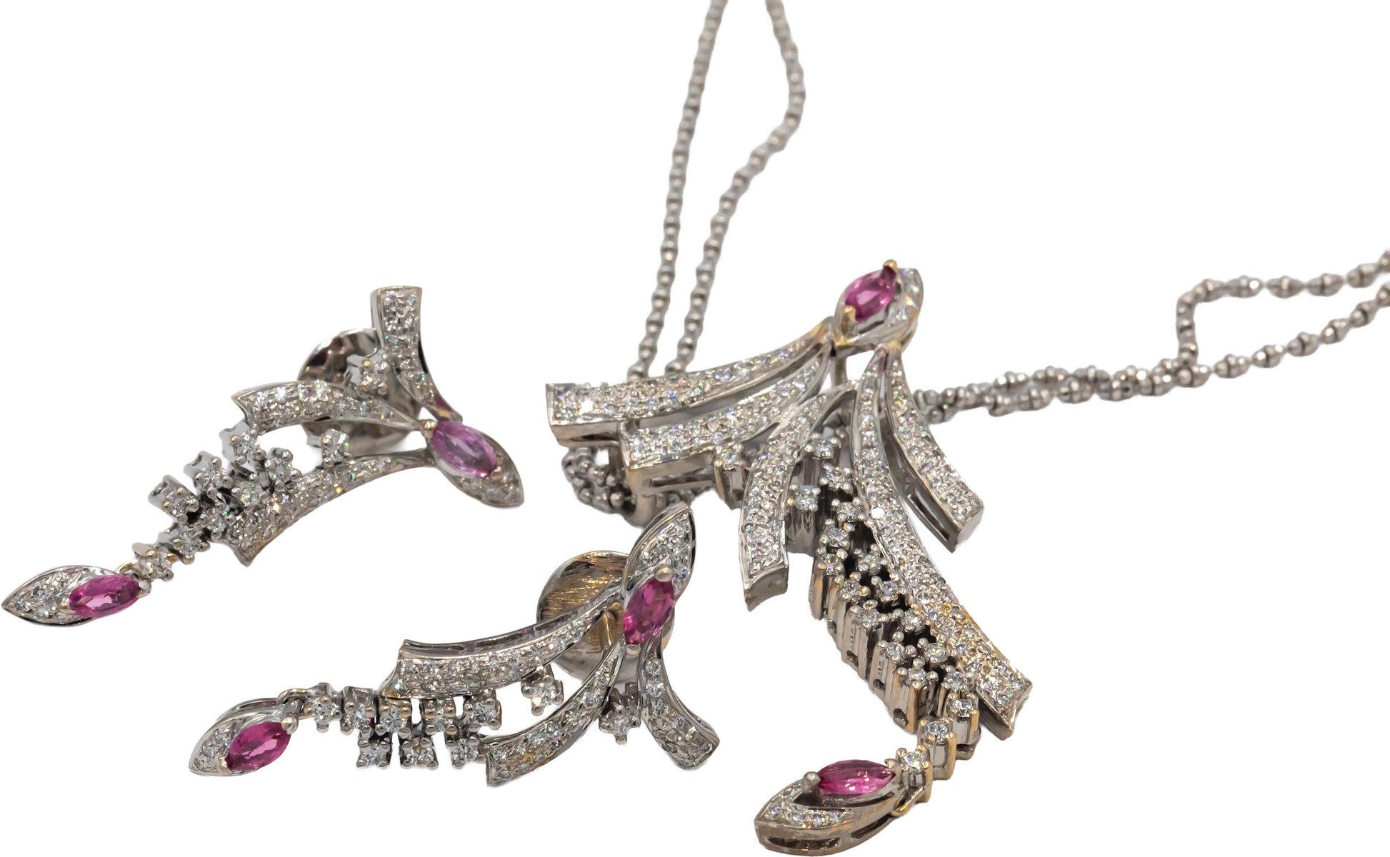 Diamond Pink Sapphire 14K White Gold Earrings and Pendant Necklace Set 2.25CT