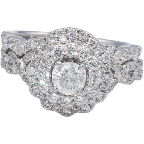 14k White Gold Diamond Double Halo Bridal Engagement Ring Set 1.50CT Size 6.75