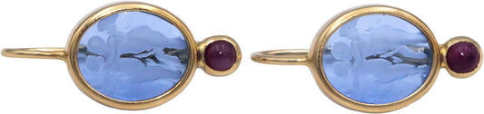 14K Yellow Gold 0.20CT Ruby and Carved Glass Dangle Earrings