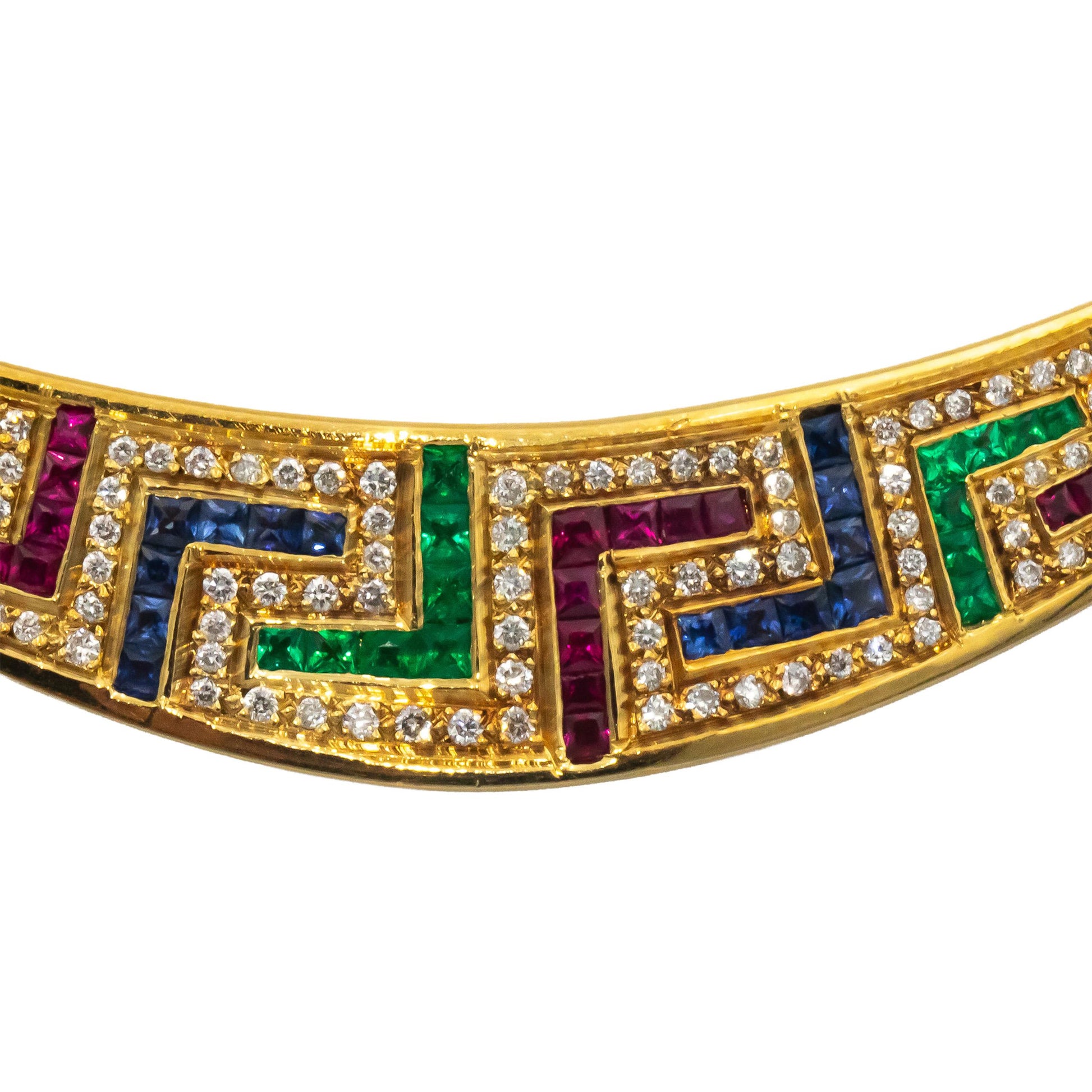 18k Yellow Gold Diamond Ruby Emerald Sapphire Formal Collar Necklace 3.70CT