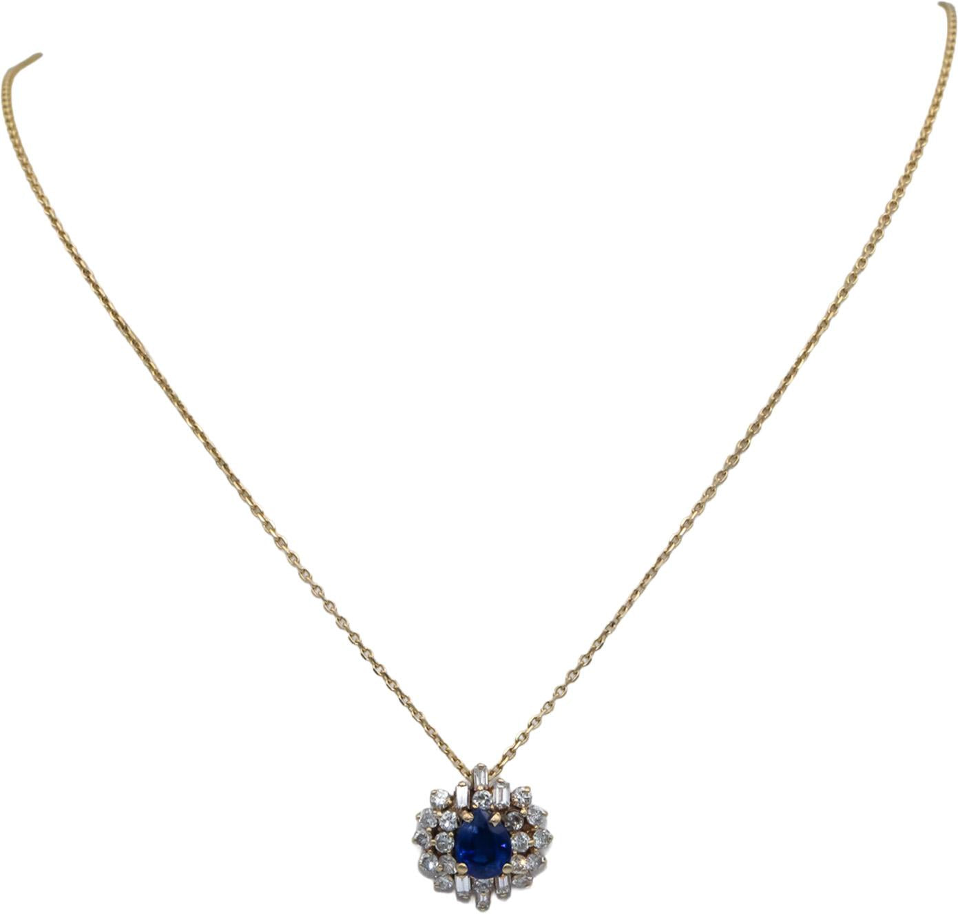 GIA 14k Gold Diamond & Sri Lanka Royal Blue Sapphire Pendant Necklace 1.85CT