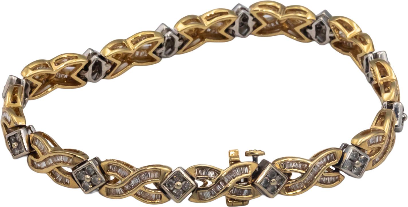 14k Yellow & White Gold Round and Baguette Diamond Fancy Link Bracelet 3.0CT