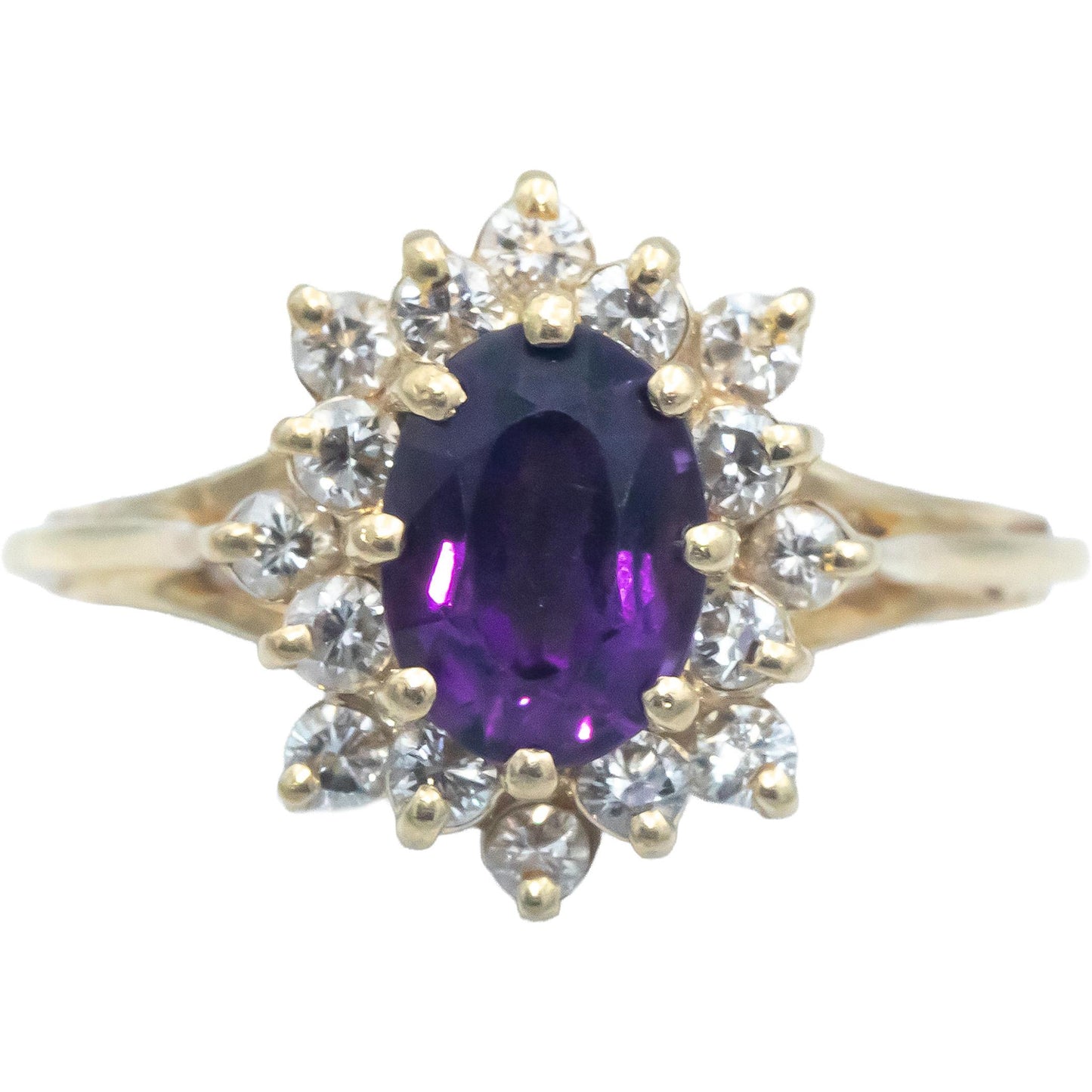 Round Diamond and Oval Cut Amethyst 14k Yellow Gold Ring 1.45CT Size 6.75